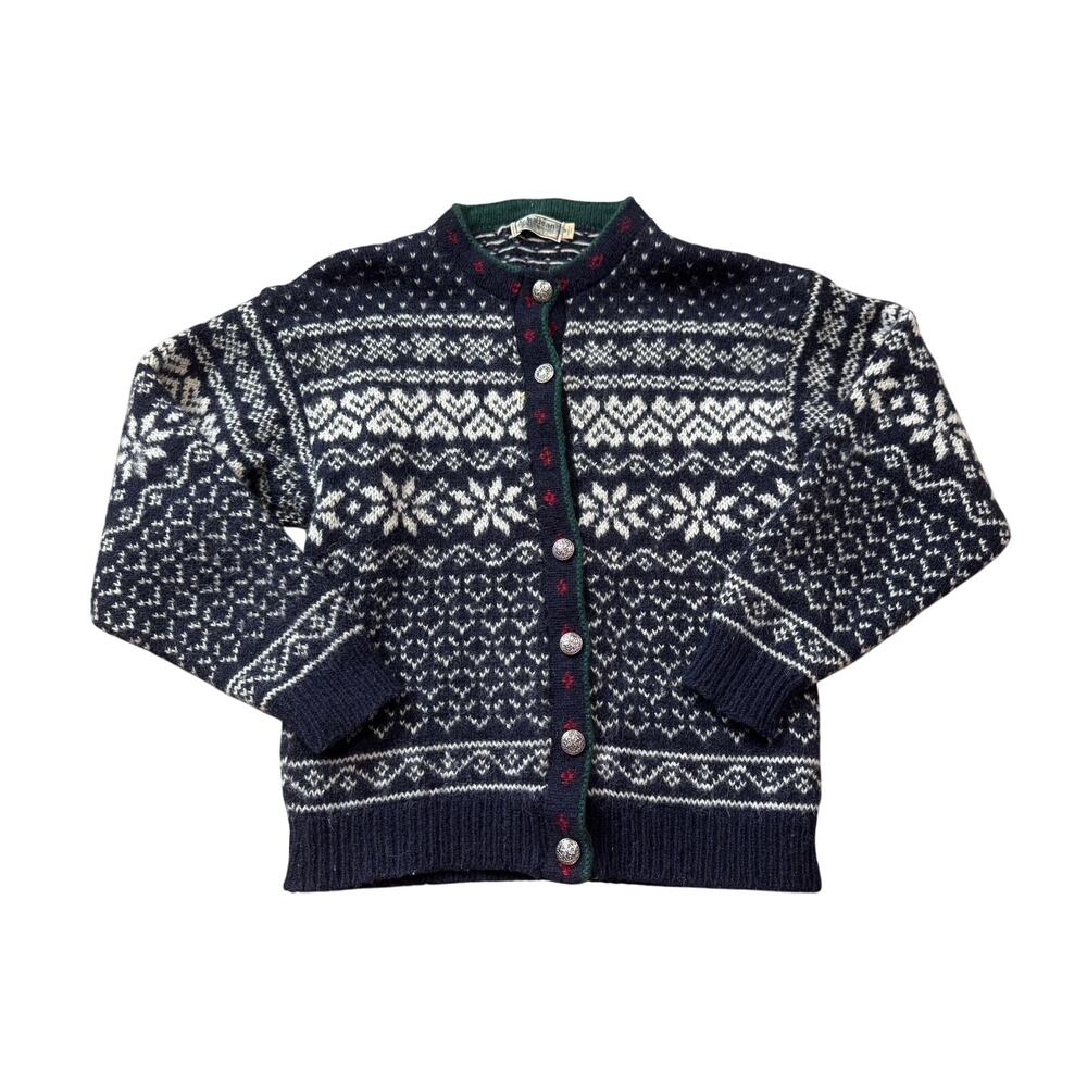 L.L.Bean Women’s Navy Blue White Fair Isle Wool Cardigan Sweater Size Medium